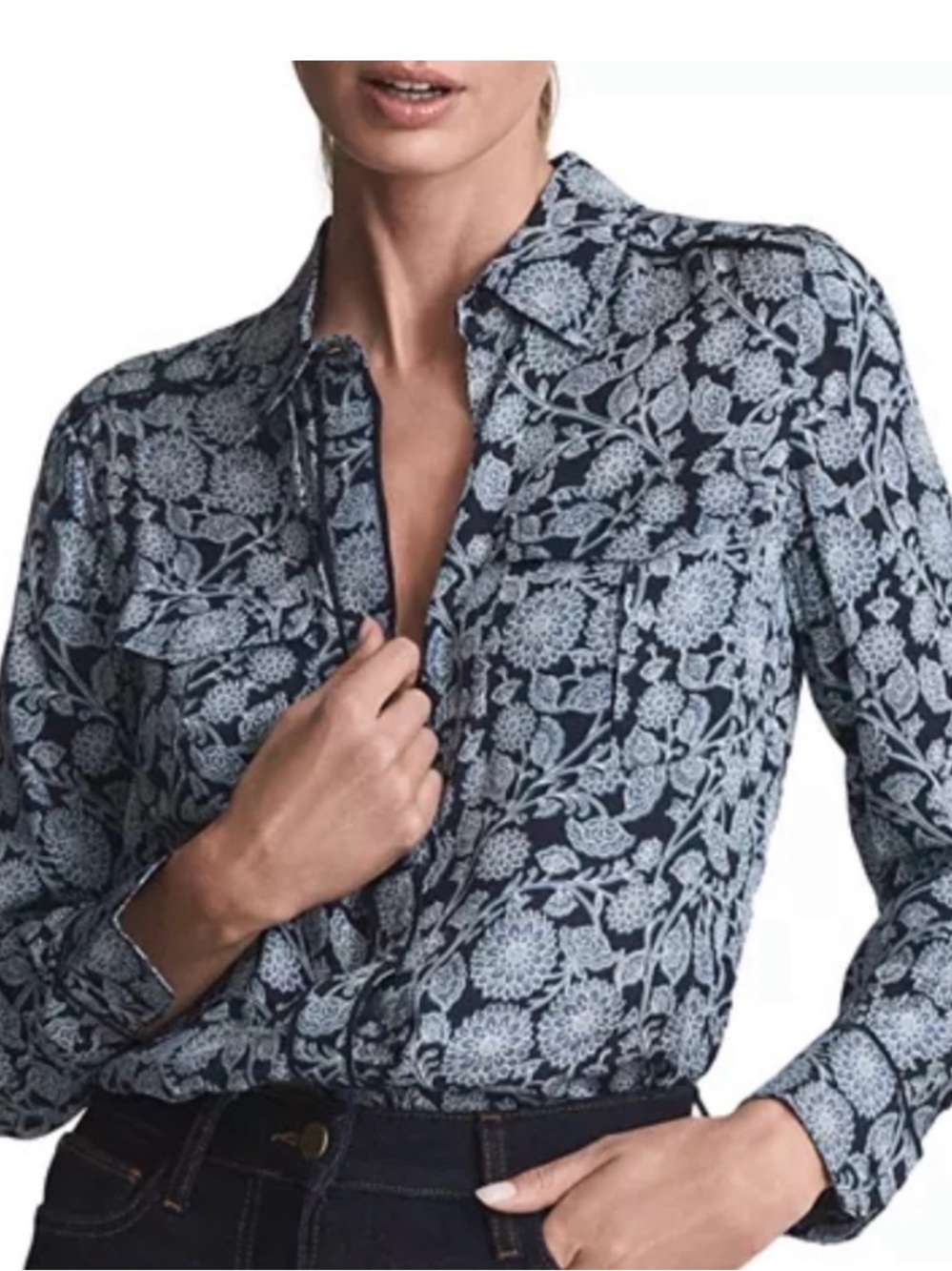 Reiss Lizzy Navy Floral Button-Down Blouse